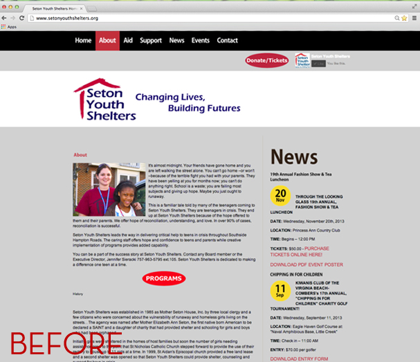 Seton Youth Shelters Website - Before