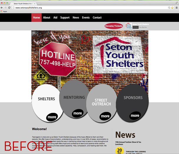 Seton Youth Shelters Website - Before